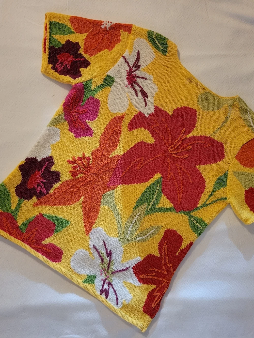 Susan Bristol Yellow Floral Short-Sleeve Crewneck Sweater